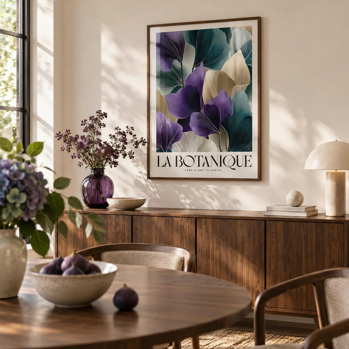 Leaf Art Prints, framed on the wall of a dining room with a warm white wall