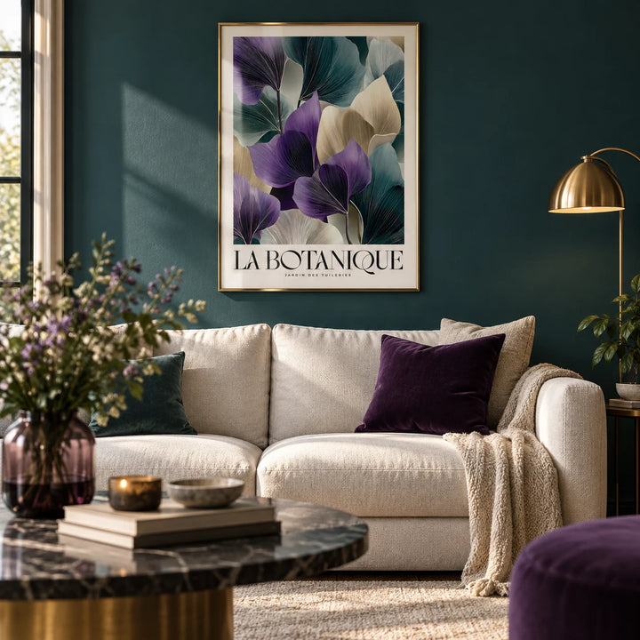 Leaf Art Prints, framed on the wall of a moody modern living room with a plain deep teal wall