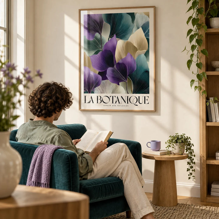 Leaf Art Prints, framed on the wall of a reading corner with a cream wall in a living room