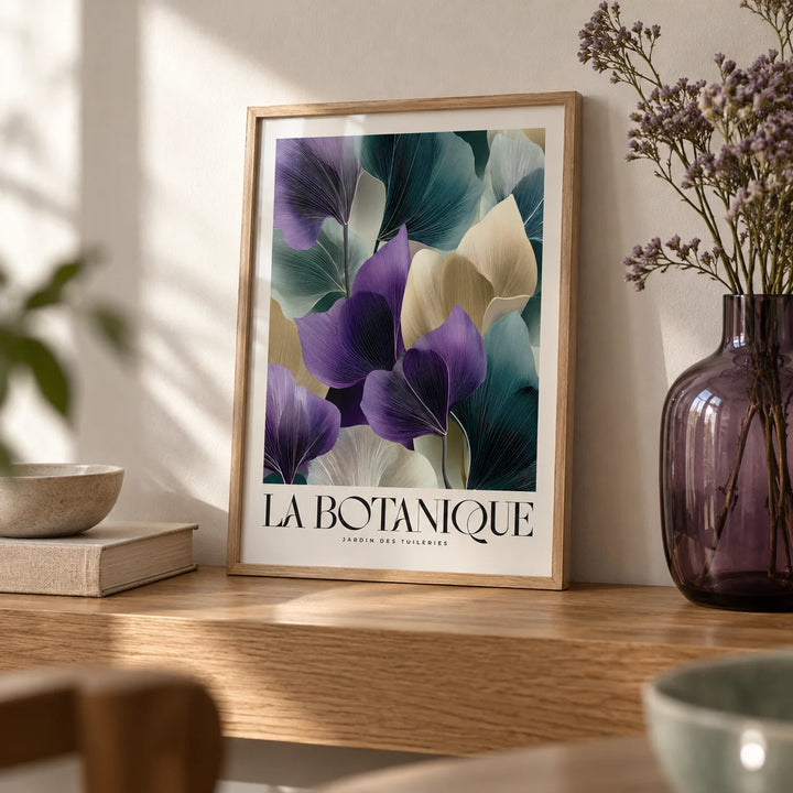 Leaf Art Prints, a small A4 framed print leaning on an oak shelf in a living room