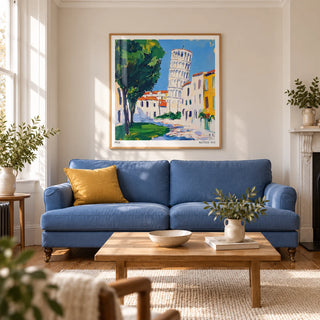 Leaning Tower of Pisa Pictures, framed on the wall of a bright living room in a Victorian terrace with warm white plaster walls