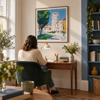 Leaning Tower of Pisa Pictures, framed on the wall of a relaxed home study in a UK period flat with warm white walls and an alcove painted muted cornflower blue