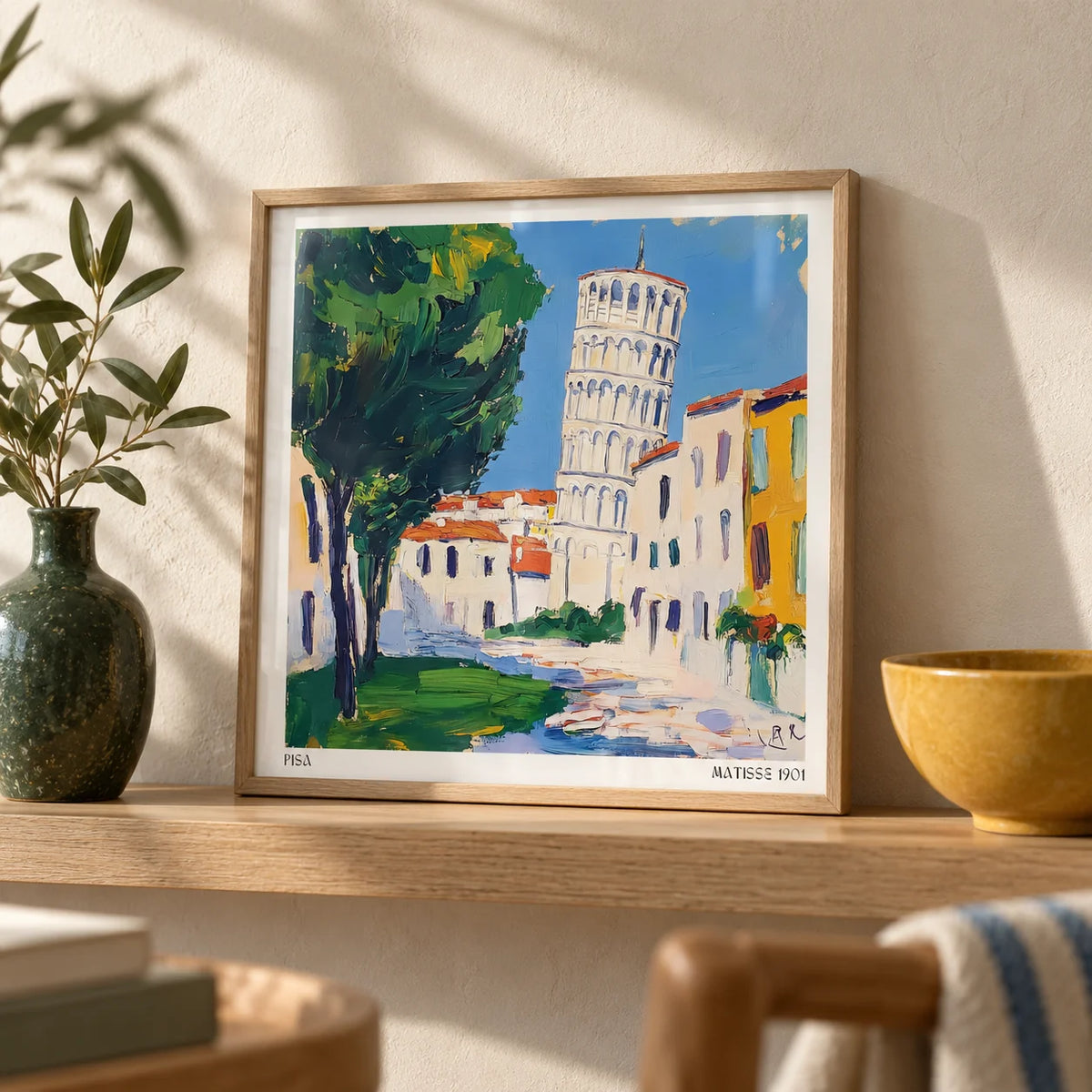 Leaning Tower of Pisa Pictures, a small A4 framed print leaning on a pale oak shelf in a living room