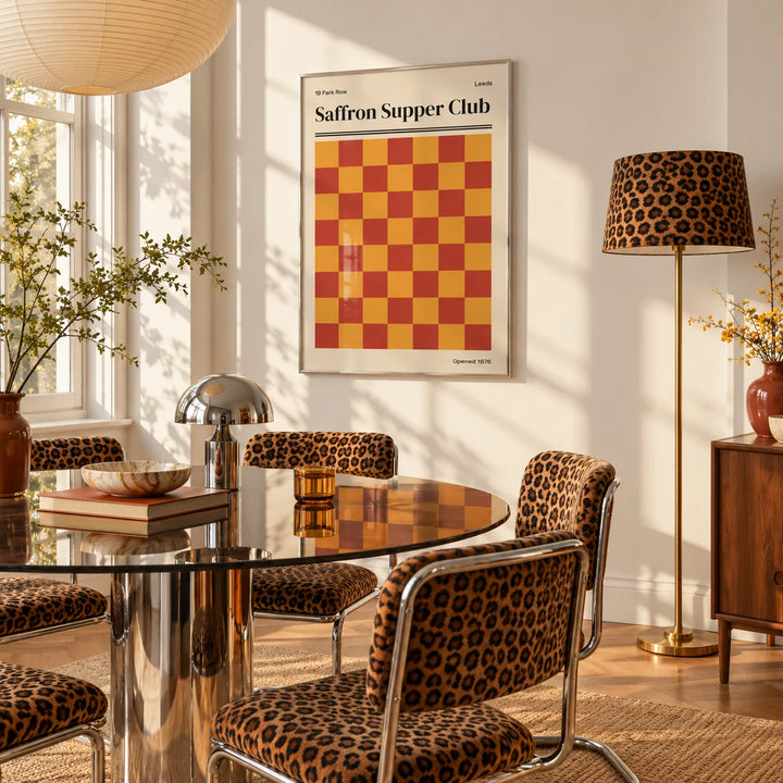 Leeds Print, framed on the wall of a bright white dining room in strong afternoon sun