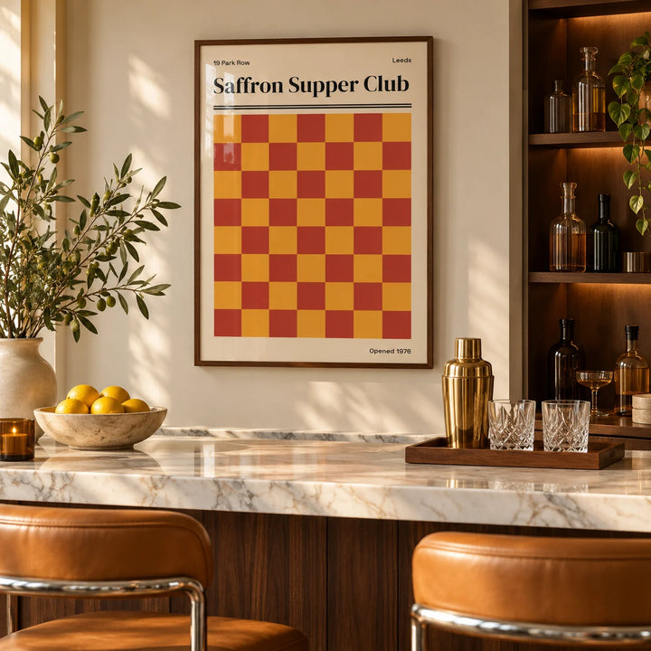 Leeds Print, framed on the wall of a stylish home bar in a living room