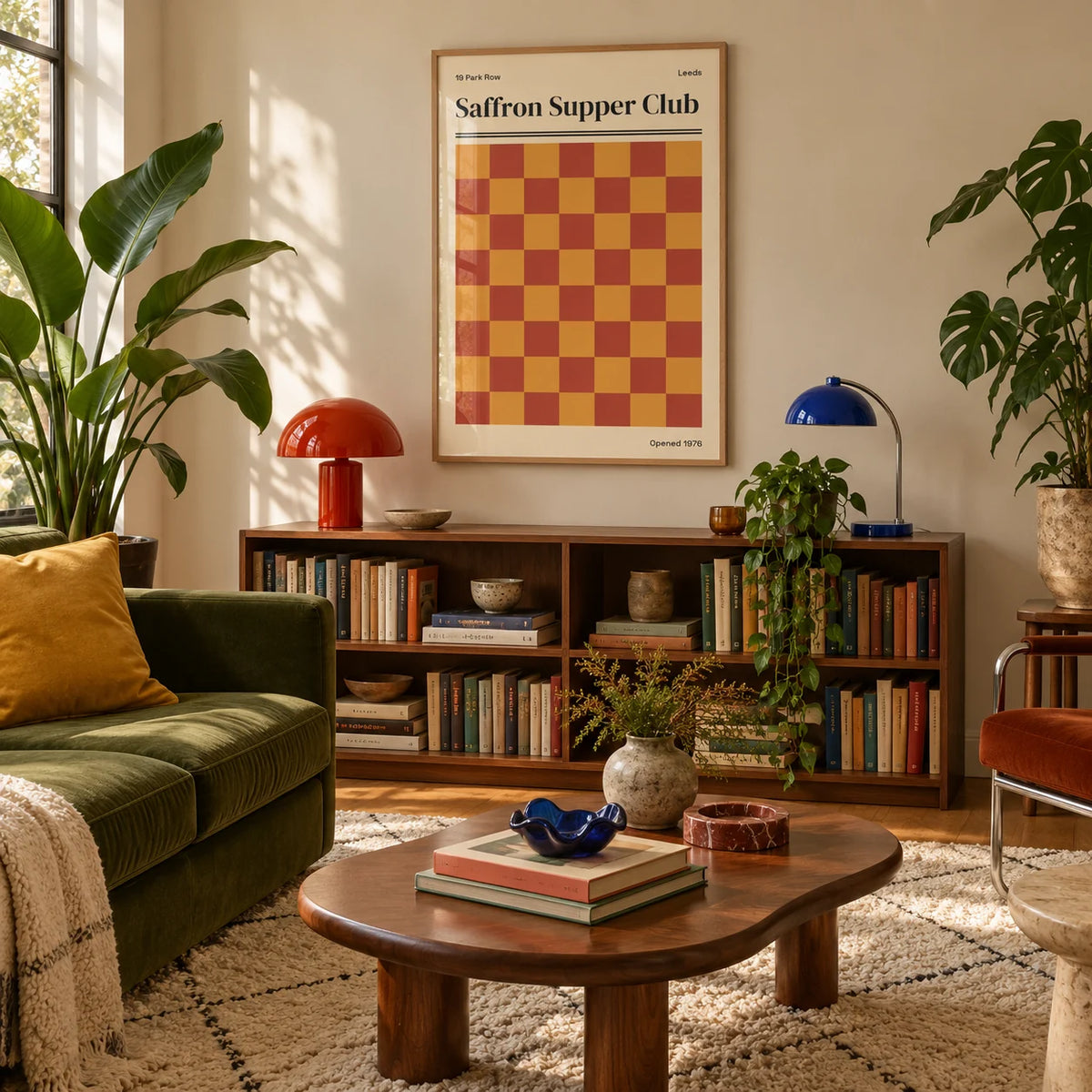 Leeds Print, framed on the wall of a warm mid-century living room