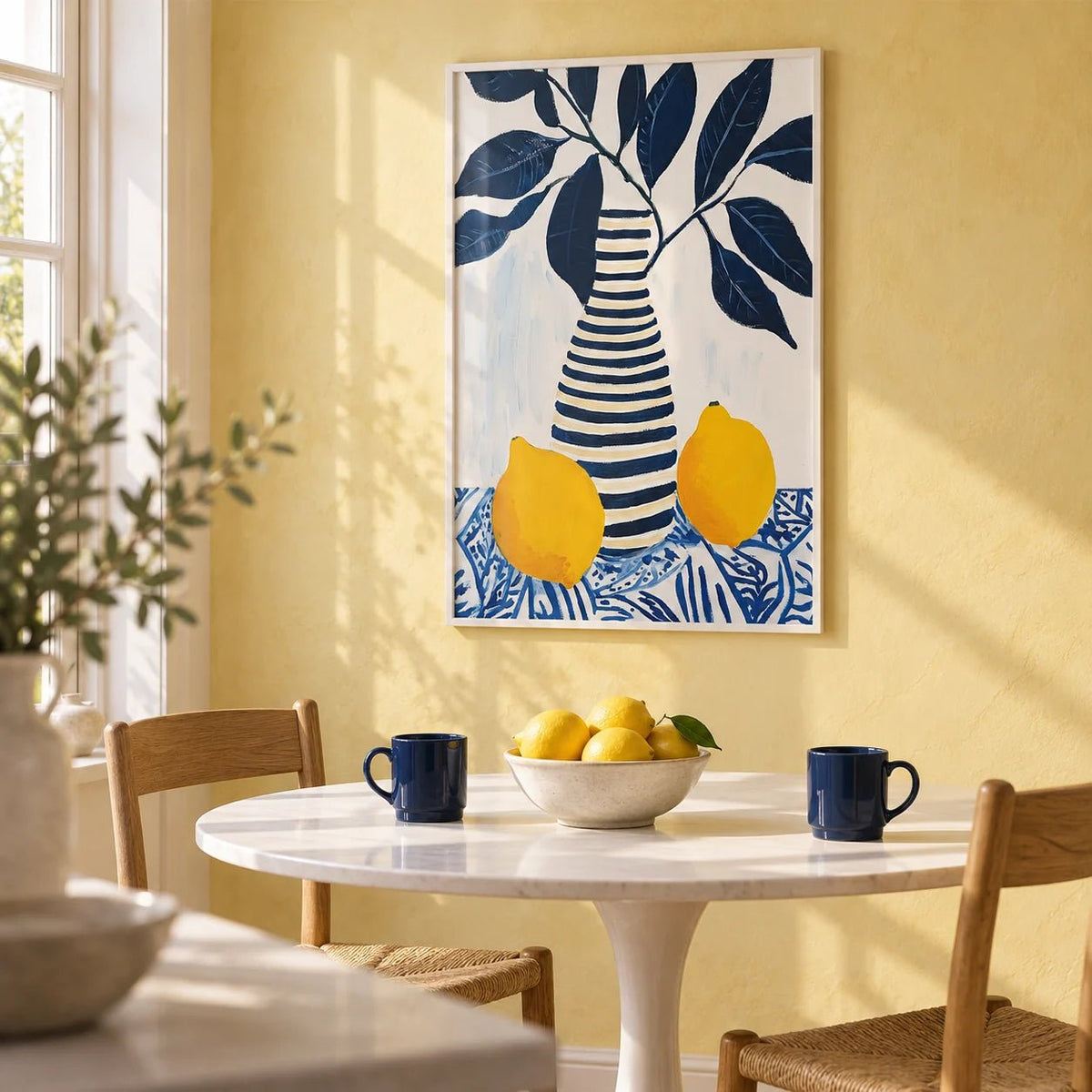 Lemon Art Print, framed on the wall of a bright breakfast corner with a soft yellow limewashed wall in a kitchen