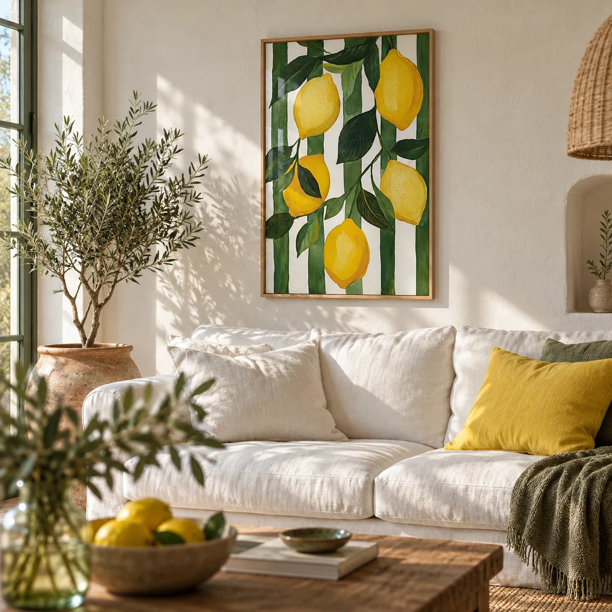 Lemon Tree Painting, framed on the wall of a fresh Mediterranean-style living room