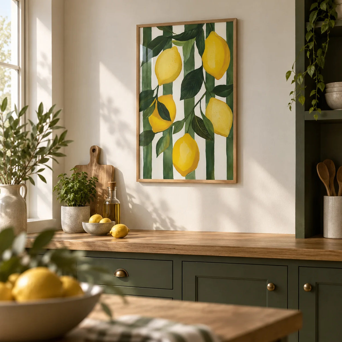 Lemon Tree Painting, framed on the wall of a kitchen with olive green cabinets