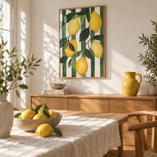 Lemon Tree Painting, framed on the wall of a sunny dining room