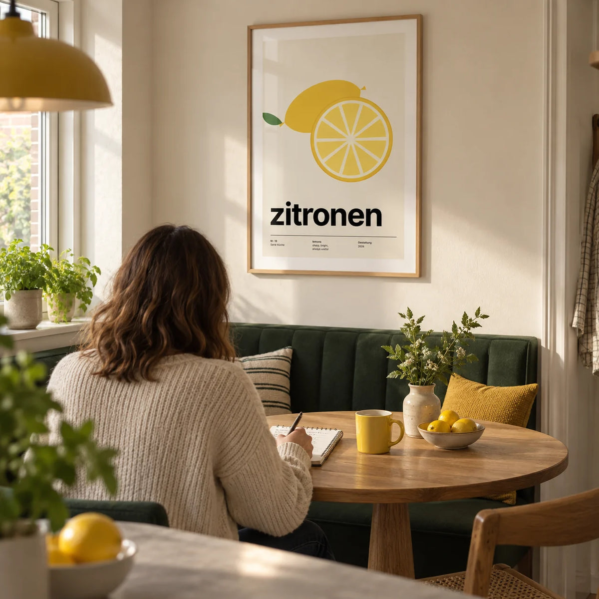 Lemon Slice Print, framed on the wall of a compact breakfast nook in a UK flat with a cream wall and a built-in dark green banquette in a kitchen