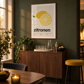 Lemon Slice Print, framed on the wall of a compact home bar alcove in the dining area of a modern UK home with a muted dark green wall