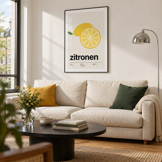Lemon Slice Print, framed on the wall of a crisp modern living room in a UK city flat with white walls
