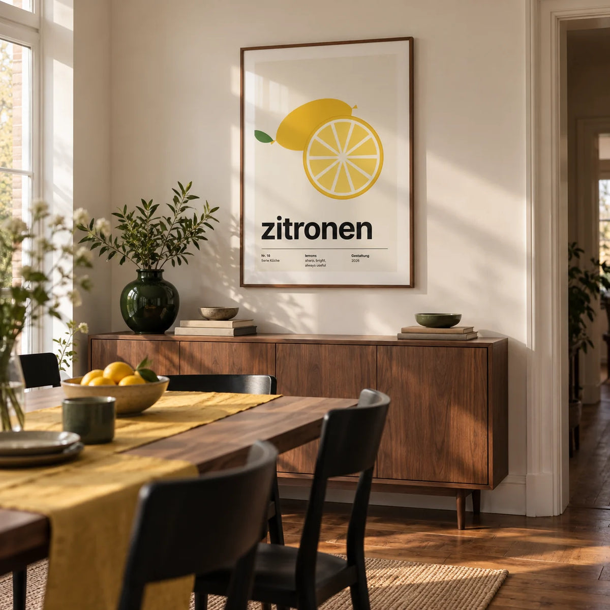 Lemon Slice Print, framed on the wall of a modern dining room in a UK terraced house with warm white walls and walnut floorboards
