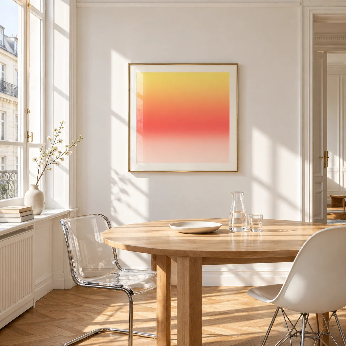 Lemon Sunset Print, framed on the wall of a bright dining corner
