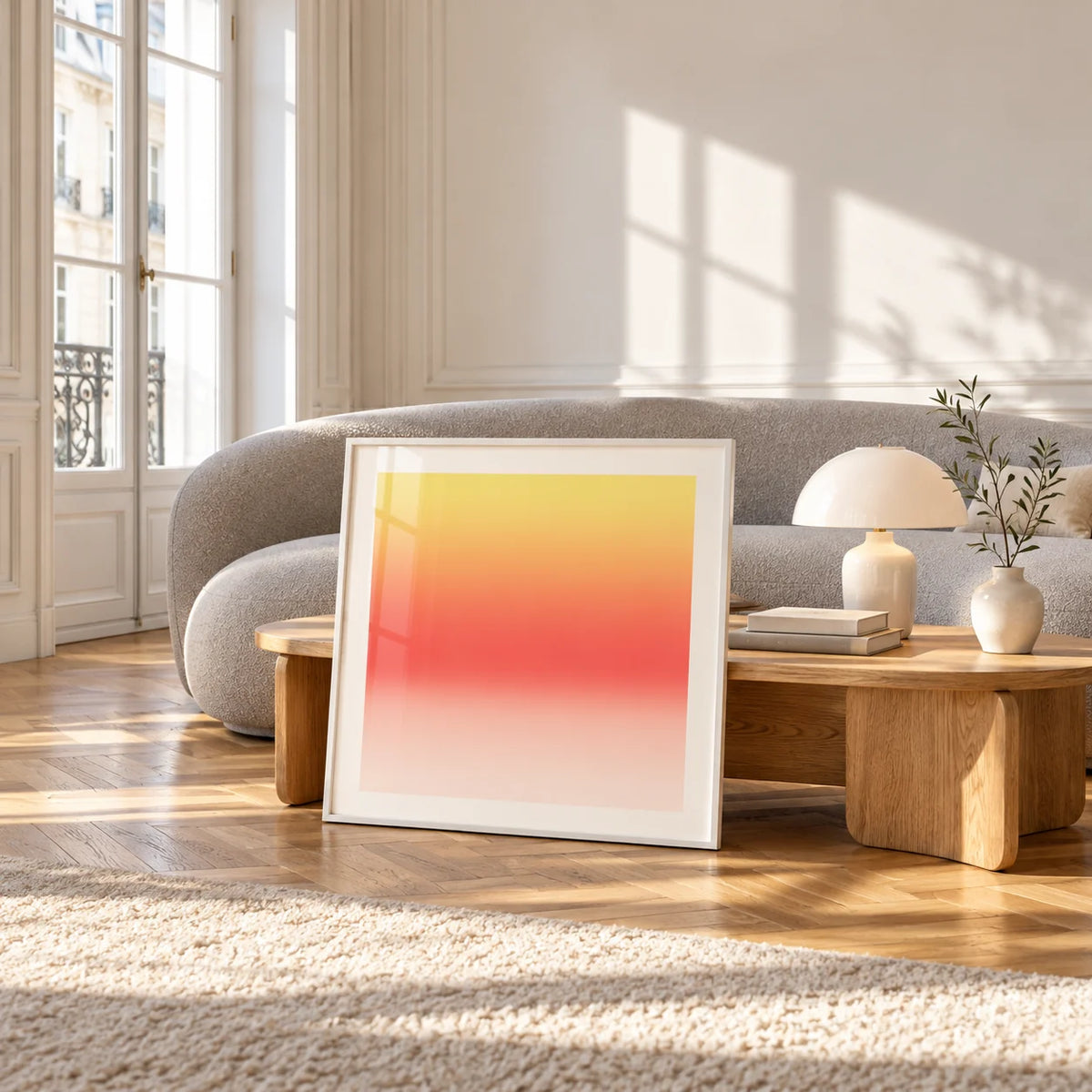 Lemon Sunset Print, framed and leaning against a coffee table in a bright living room
