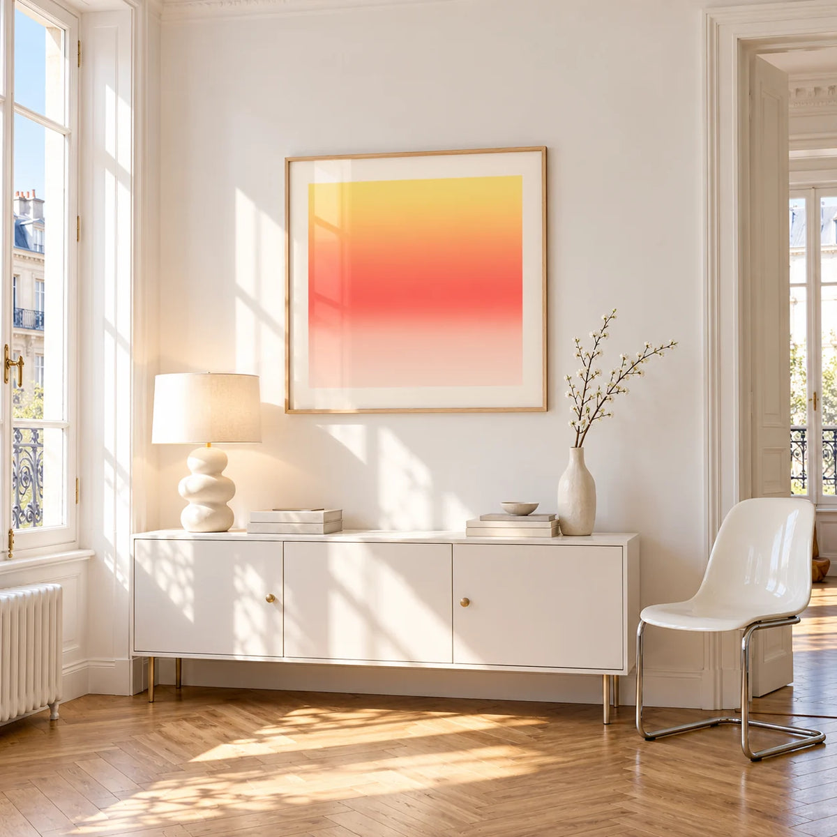 Lemon Sunset Print, framed on the wall of a bright Paris style apartment in a living room