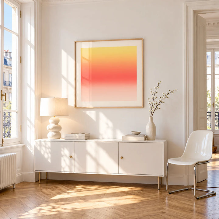 Lemon Sunset Print, framed on the wall of a bright Paris style apartment in a living room
