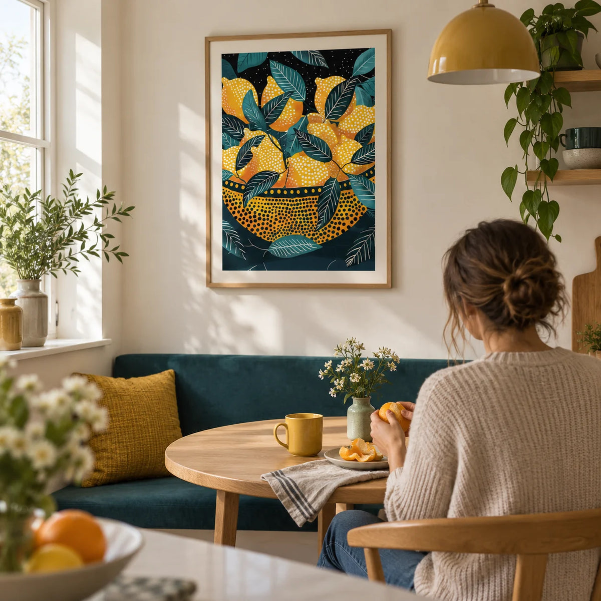 Lemon Wall Art, framed on the wall of a bright kitchen breakfast nook in a UK first home with a cream wall and a built-in bench upholstered in solid deep teal