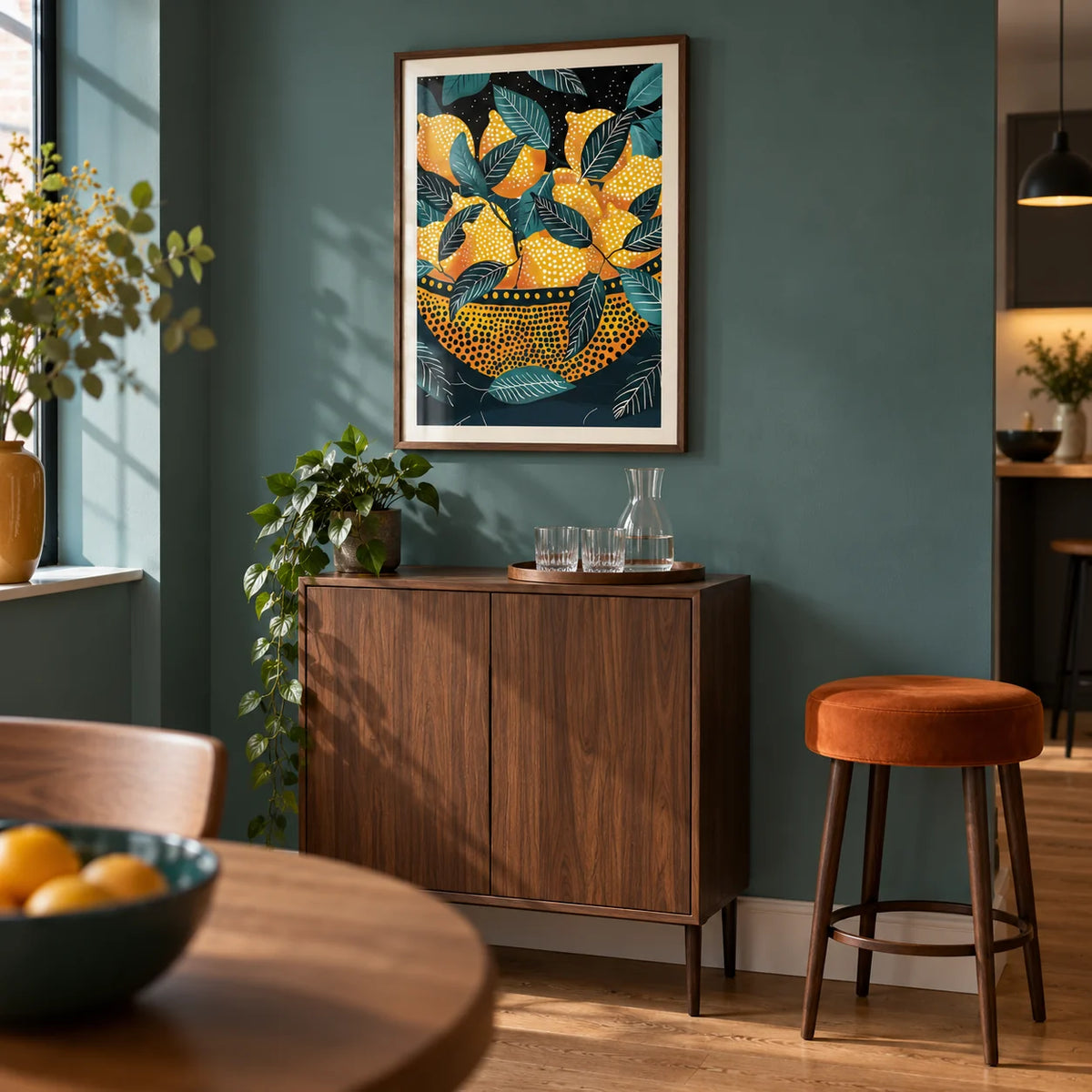 Lemon Wall Art, framed on the wall of a compact home bar corner within an open-plan UK flat dining room with a muted teal wall