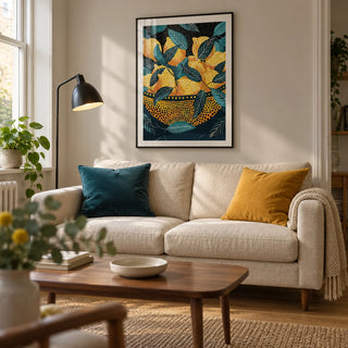 Lemon Wall Art, framed on the wall of a contemporary living room in a UK terrace with pale warm grey walls and an oak floor
