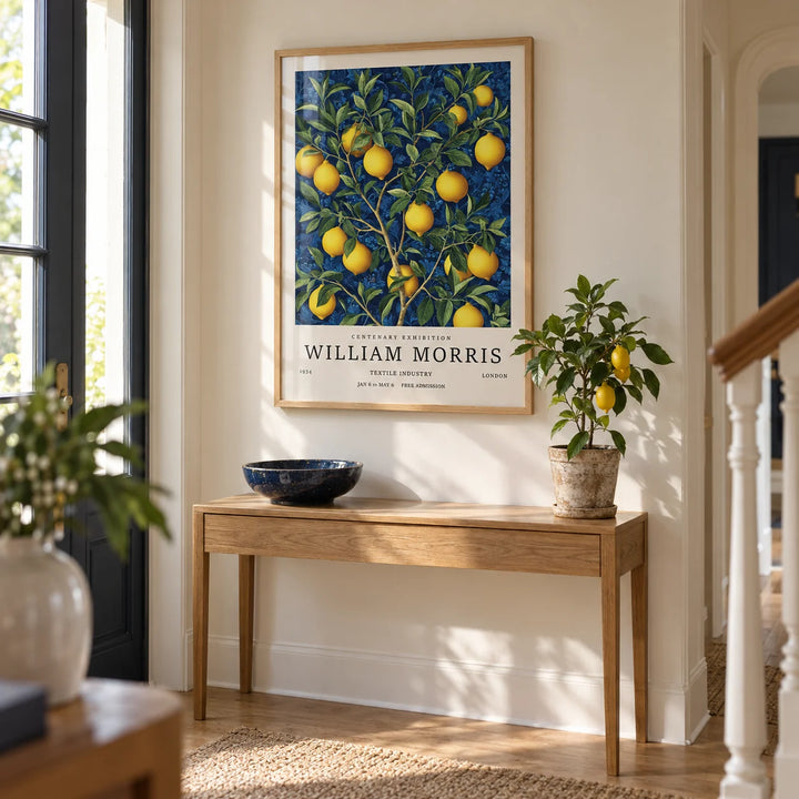Lemon Wall Art for Kitchen, framed on the wall of a bright hallway with a warm white wall