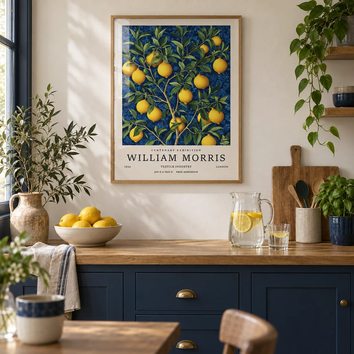 Lemon Wall Art for Kitchen, framed on the wall of a calm kitchen with navy painted cabinets and a warm white wall