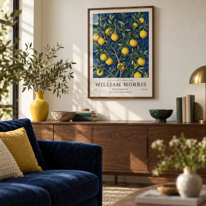 Lemon Wall Art for Kitchen, framed on the wall of a calm living room with a cream wall