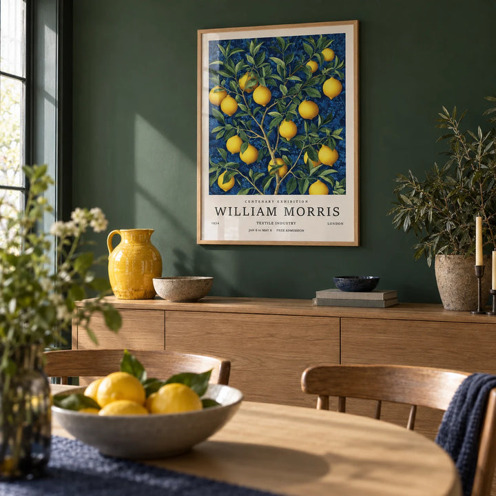 Lemon Wall Art for Kitchen, framed on the wall of a dining room with a forest green painted wall
