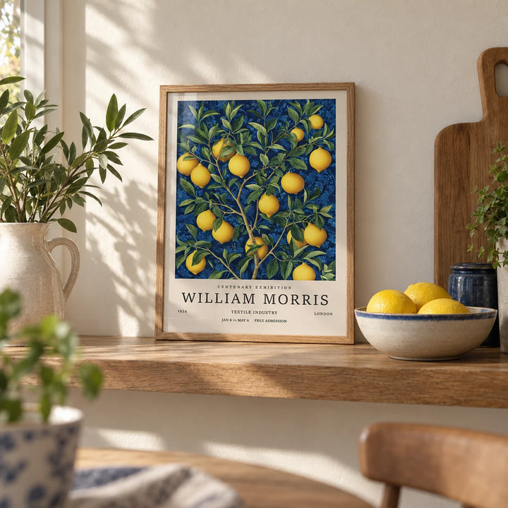 Lemon Wall Art for Kitchen, a small A4 framed print leaning on an oak kitchen shelf