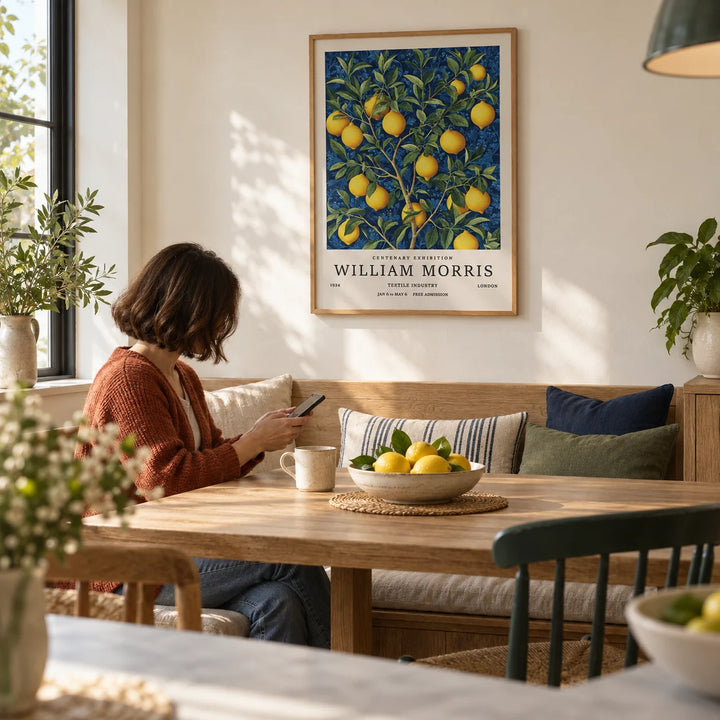 Lemon Wall Art for Kitchen, framed on the wall of a sunny kitchen-diner with a cream wall