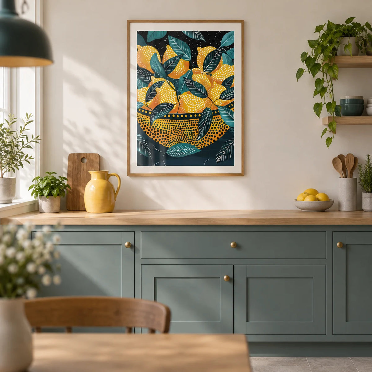 Lemon Wall Art, framed on the wall of a modern kitchen in a UK terraced house with muted teal cabinets