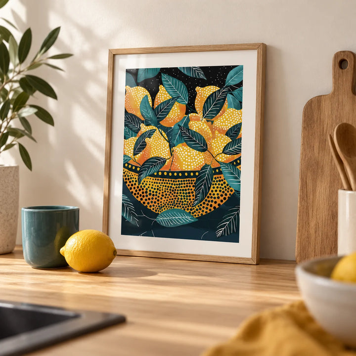 Lemon Wall Art, a small A4 framed print leaning on a pale oak kitchen worktop