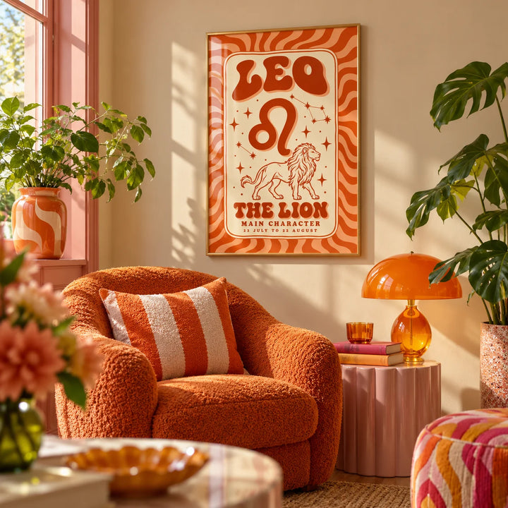 Leo Poster, framed on the wall of a cosy colourful reading nook in a living room