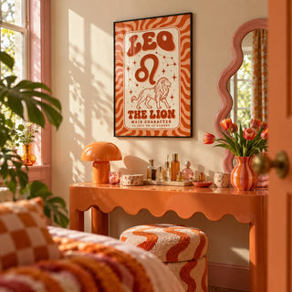 Leo Poster, framed on the wall of a playful dressing area in a bathroom