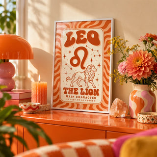 Leo Poster, a small A4 framed print leaning on a colourful lacquered shelf in a living room