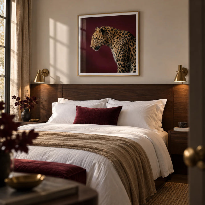 Leopard Art Print, framed on the wall of a boutique-hotel style bedroom