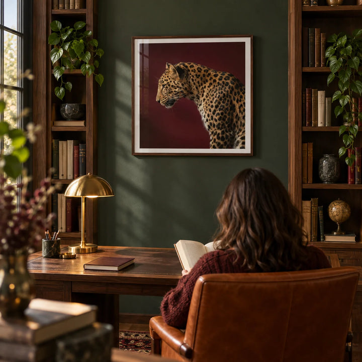 Leopard Art Print, framed on the wall of a warm home library in a home office