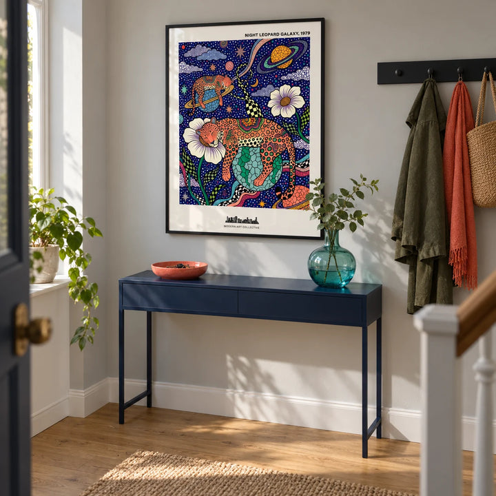 Leopard Galaxy Art Print, framed on the wall of a characterful entrance hallway in a contemporary UK flat with pale grey walls and a simple oak floor