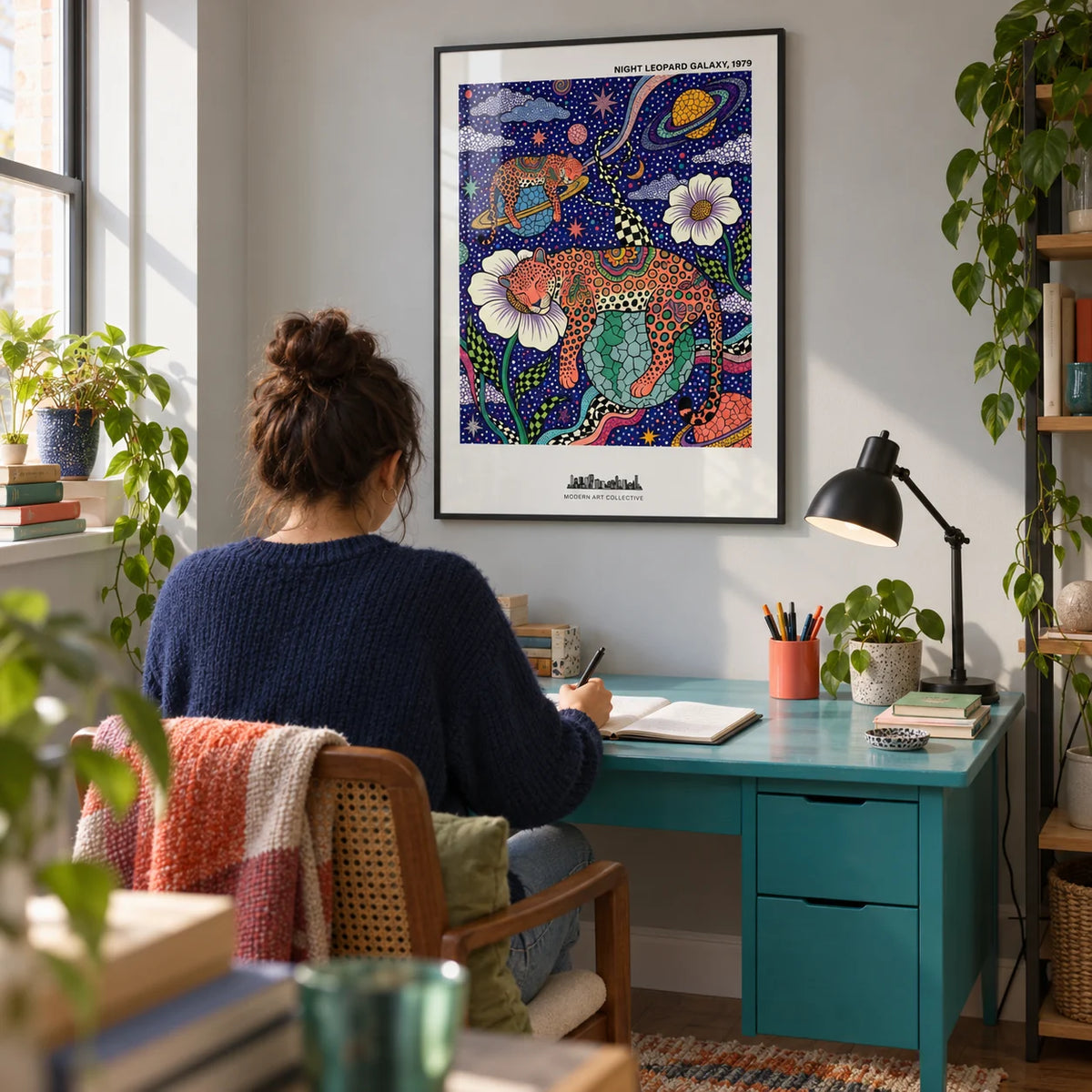 Leopard Galaxy Art Print, framed on the wall of a compact creative home study in a first flat for an adult aged 25-35