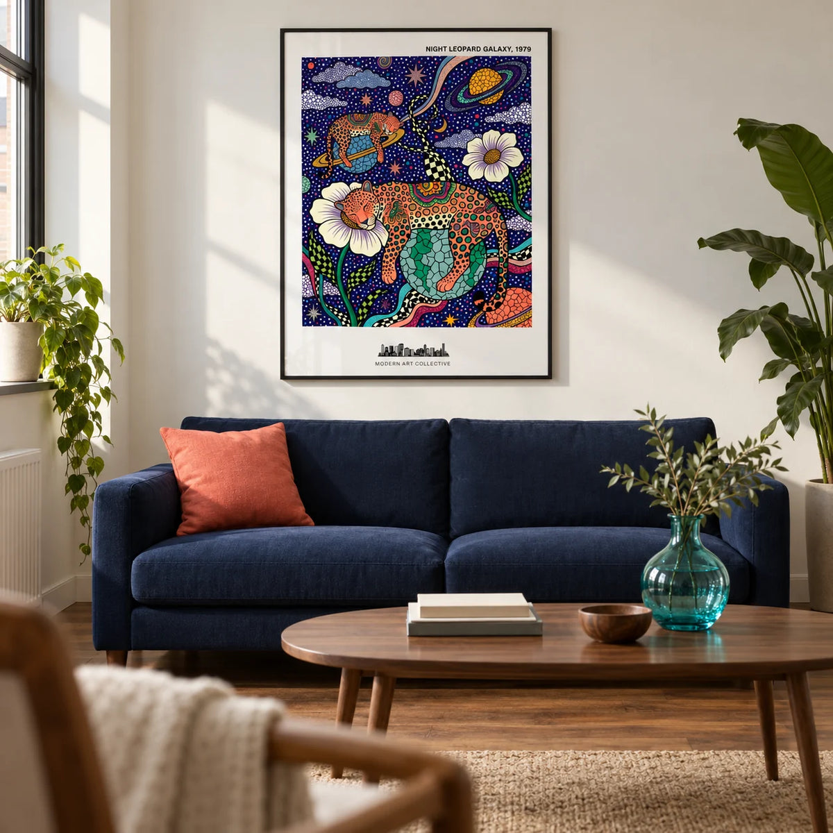 Leopard Galaxy Art Print, framed on the wall of a contemporary living room in a UK city flat with warm white walls