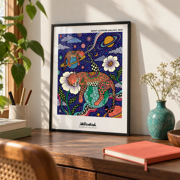 Leopard Galaxy Art Print, a small A4 framed print leaning on a walnut desk