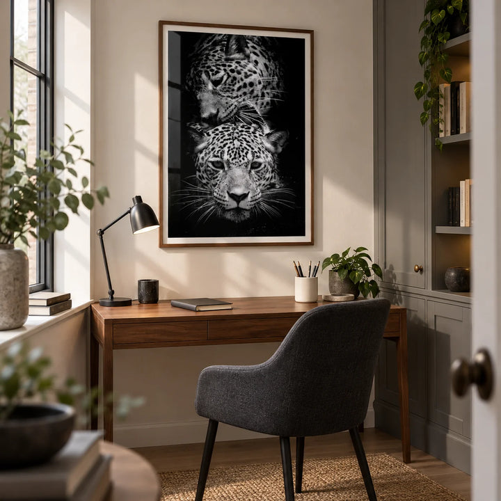 Leopard Photography Print, framed on the wall of a compact home study in a contemporary UK flat with a warm white wall and fitted grey cupboards