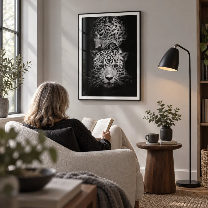 Leopard Photography Print, framed on the wall of a peaceful reading corner in a mature couple's flat with a pale grey wall in a living room