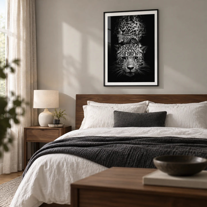 Leopard Photography Print, framed on the wall of a quiet modern bedroom for a couple with a pale grey wall and warm walnut furniture