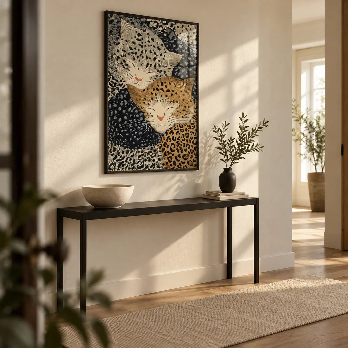 Leopard Print Wall Art, framed on the wall of a calm hallway
