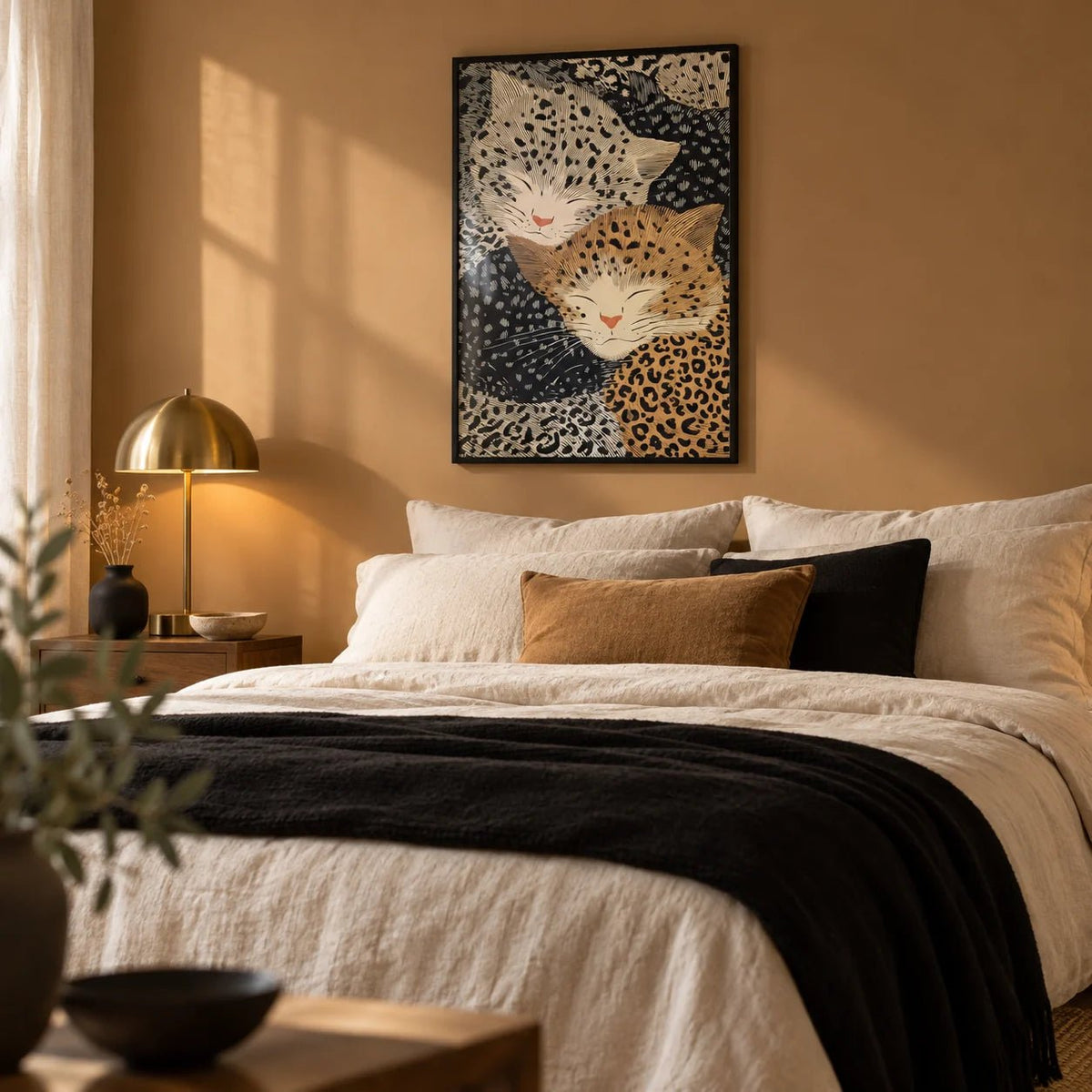 Leopard Print Wall Art, framed on the wall of a warm adult bedroom with a camel painted wall