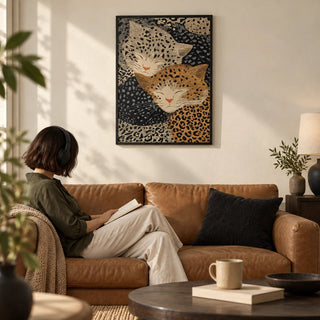 Leopard Print Wall Art, framed on the wall of a warm living room with a plain cream wall