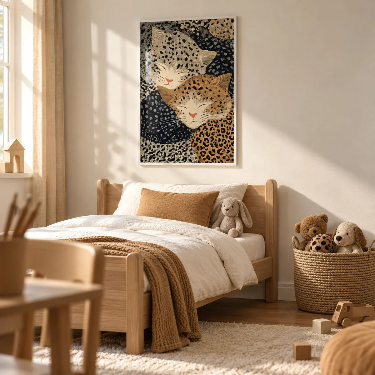 Leopard Print Wall Art, framed on the wall of a young child's bedroom (3-6)