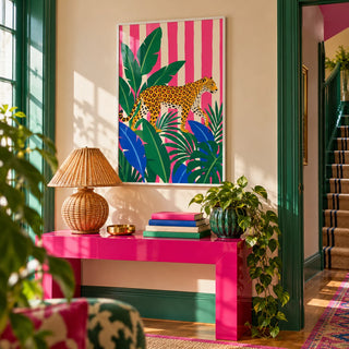 Leopard Prowl Poster, framed on the wall of a colourful hallway